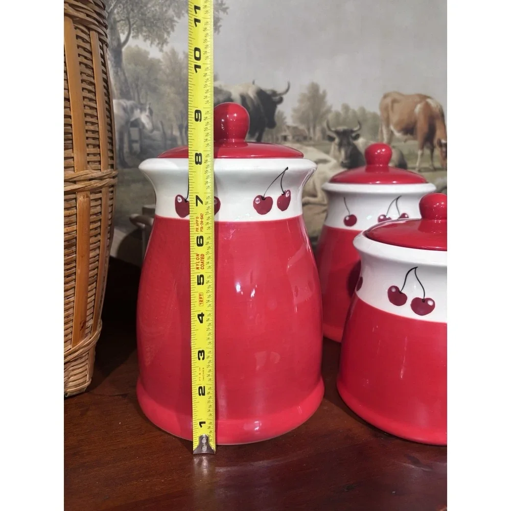 Vintage Terramoto Two Ceramic Kitchen Canisters  Cherries Red White Cottagecore